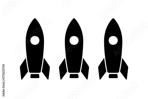 Three black rockets ready for launch in a simple design against a plain background