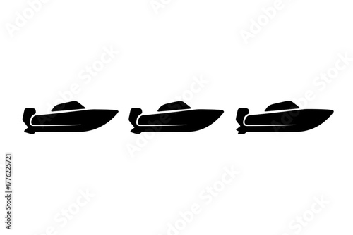 Multiple sleek boats cruising on calm waters at sunset with vibrant colors reflecting in the sky