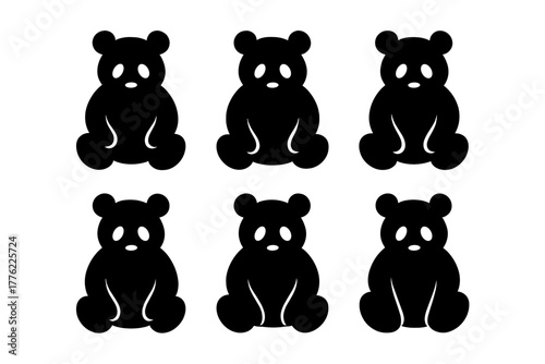 Six simple black bear silhouettes arranged in a pattern on a white background showcasing playful shapes and design