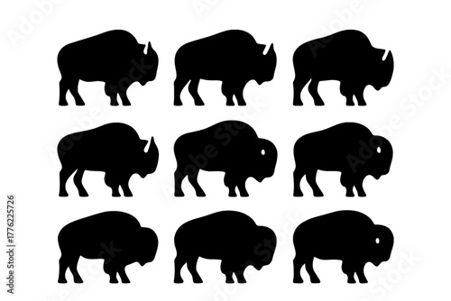 Silhouette of nine bison arranged in a grid showcasing their distinctive shapes and sizes