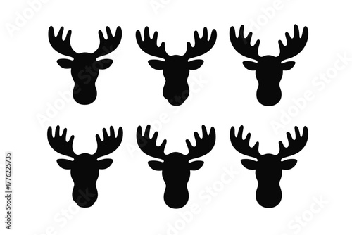 Multiple black silhouettes of moose heads arranged in two rows on a white background showcasing their unique antler shapes