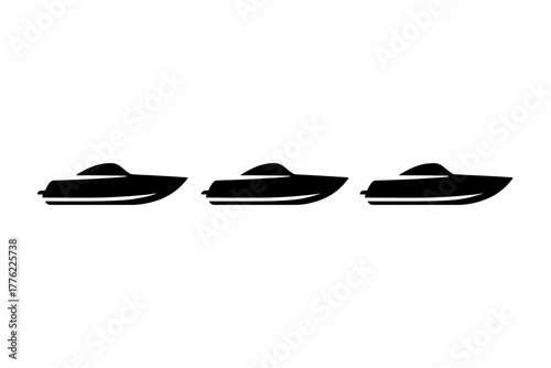 Three sleek boats sailing across the calm water under bright blue sky during a sunny day