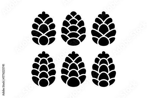 Black silhouettes of pine cones arranged in a symmetrical pattern on a white background