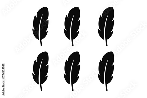 Black feather silhouettes arranged in a grid on a white background for design and art projects