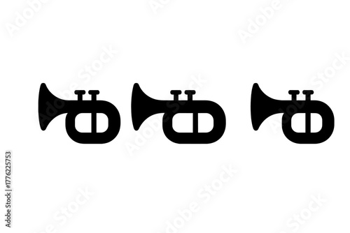 Three black trumpets arranged in a row, showcasing musical instruments in simple design