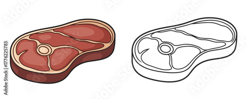 Vector illustration showing a fresh raw red meat steak with marbling and fat colored and as a black outline drawing for food design