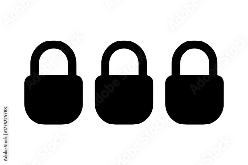 Three black padlocks showing security and protection symbols in a minimalistic style for design and digital use