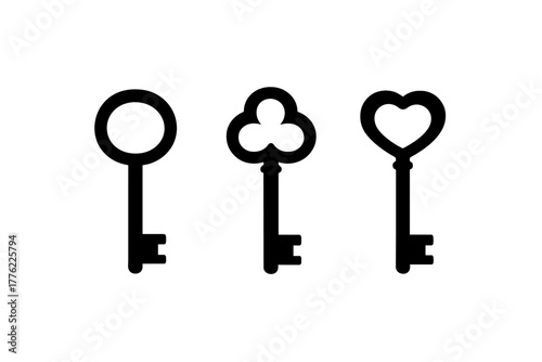 Three decorative keys featuring unique designs suitable for illustrations or creative projects