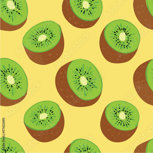 Seamless vector pattern of kiwi fruits, whole and sliced