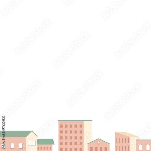 Cute pastel buildings create charming, minimalist city scape