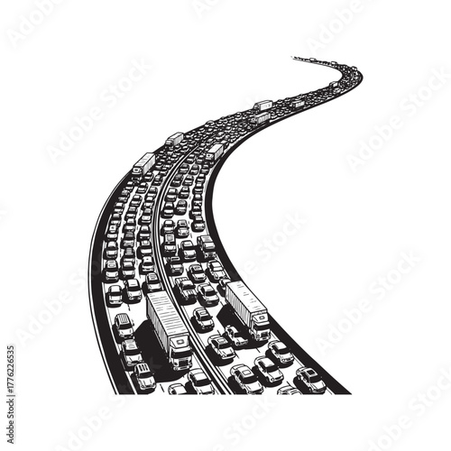 Traffic Jam Illustration, Cars and Trucks in Heavy Congestion on Highway, Black and White Vector Sketch
