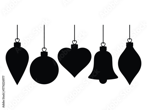 Five hanging Christmas ornaments in silhouette, including a teardrop, sphere, heart, bell, and another teardrop shape.