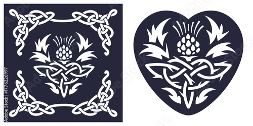 Celtic thistle pattern with heart and knot design. Laser cut template, stencil, decorative panel or cover. Suitable for cutting paper, cardboard, plastic, acrylic. Black and white cutting silhouette