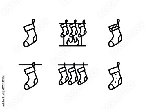 A collection of six simple line art icons representing Christmas stockings in various arrangements, including hanging by a fireplace.