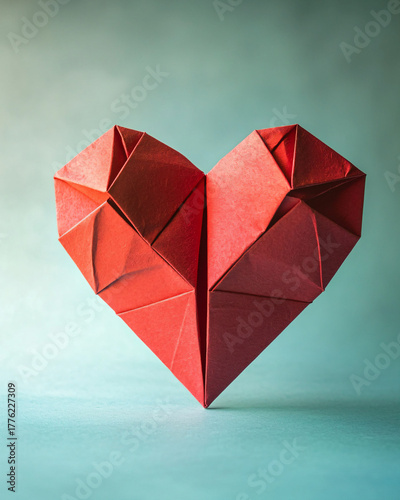 Red Origami Heart on Soft Blue Background with Creative Design Elements