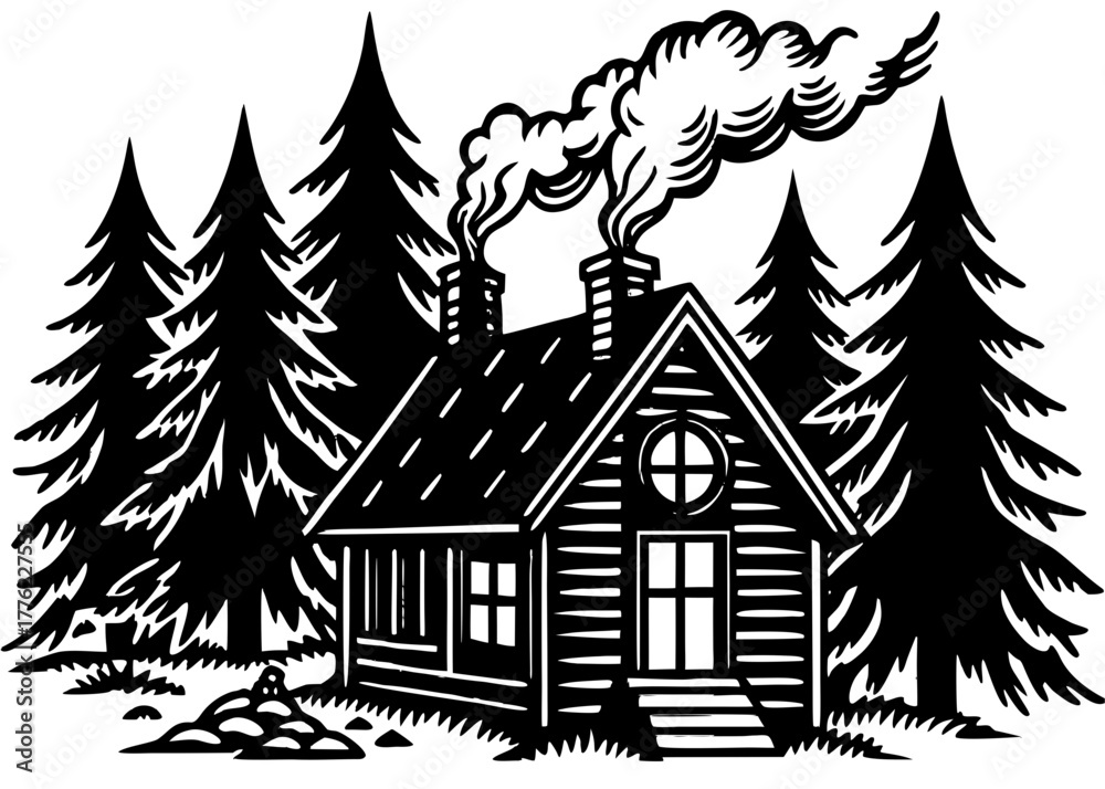 Fototapeta premium Vector silhouette of a rustic log cabin in a forest with smoke rising from the chimney