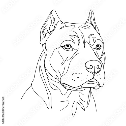 Vector line art portrait of American Pitbull Terrier, bold and clean outline emphasizing muscular build, short fur, and confident expression, ideal for tattoo or branding design