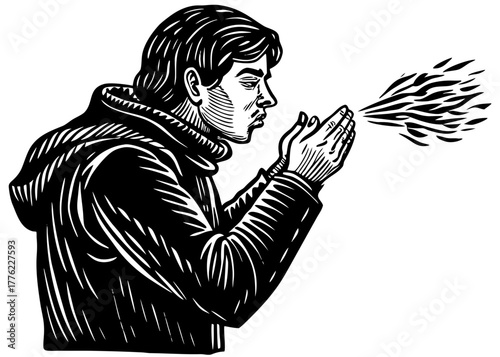 Man blowing into cupped hands vector silhouette illustration capturing a person warming themselves in cold weather