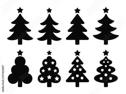 Eight stylized black Christmas tree silhouettes with stars on top are displayed in two rows against a white background.