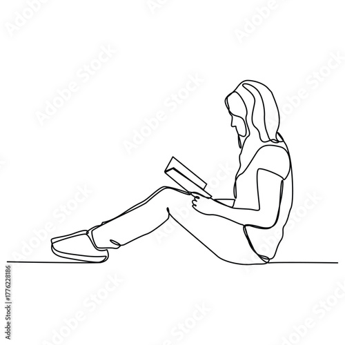 Continuous one line art of girl reading a book hand-drawn picture silhouette. Line art. Character child reads. 