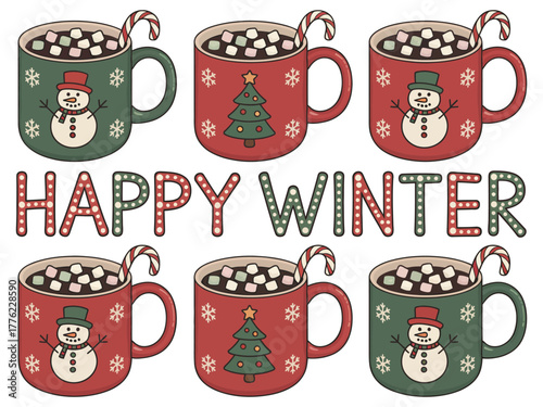Six mugs filled with hot chocolate topped with marshmallows and candy canes, with "HAPPY WINTER" text.