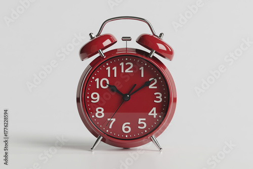 A round alarm clock stands on a white background.