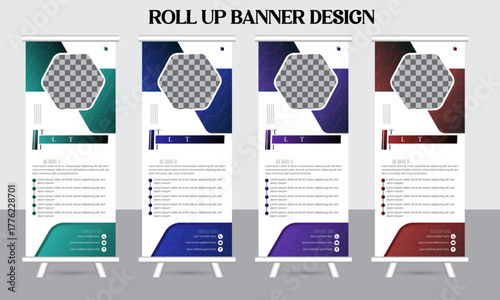 Roll Up Banner Display: Vibrant roll up banners stand tall, their designs of modern style with dynamic color like blue, red, cyan, purple. This design is perfect for trade shows, events.