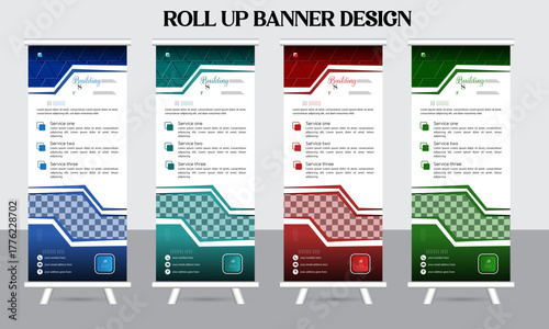 A collection of four modern roll-up banner designs with dynamic layouts and vibrant colors(red, green, blue, cyan), ready for promotional and informational display purposes.