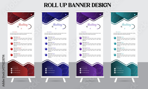 A creative set of roll-up banner designs with eye-catching graphic elements, showcasing dynamic layouts and color palettes like blue, cyan, purple, red to enhance marketing and branding effectiveness.