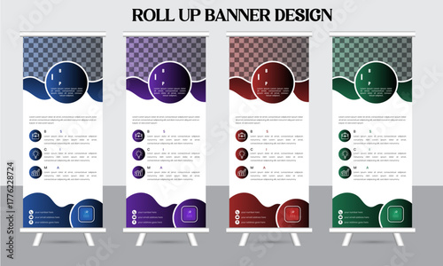 Roll Up Banner Design: A visually appealing roll-up banner design, showcasing a sleek and modern aesthetic with blue, red, green, purple. perfect for various promotional and informational displays.