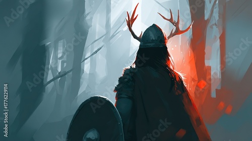 Female warrior figure in forest scene