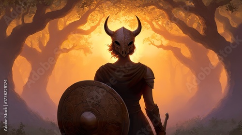 Female warrior in a forest at sunrise