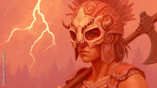 Female warrior with ornate helmet and axe