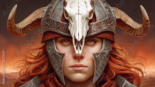 Female warrior with helmet and skull