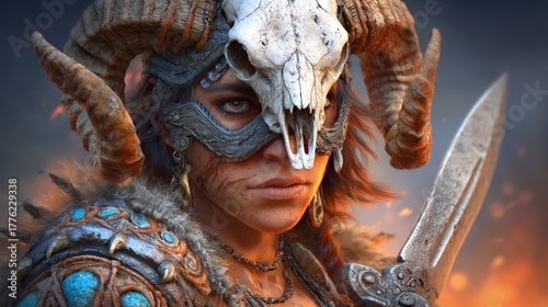 Female warrior with skull mask and horns