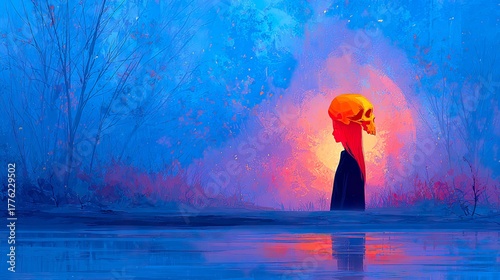 Figurative artwork girl with skull nature scene