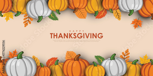 Happy Thanksgiving Day greeting card with autumn leafs and pumpkins for poster, banner, postcard. Creative vector illustration design.