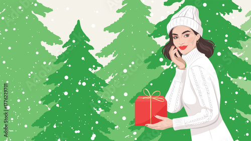 Elegant winter vector with a stylish woman holding a red gift box among green Christmas trees. Perfect for holiday cards, social media, banners, and festive designs.