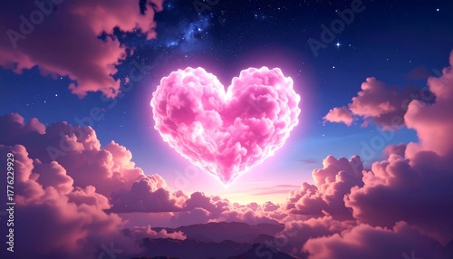 Fototapeta Naklejka Na Ścianę i Meble -  Glowing pink heart-shaped cloud hovers above mountains, framed by sunset skies filled with pink clouds and starlight