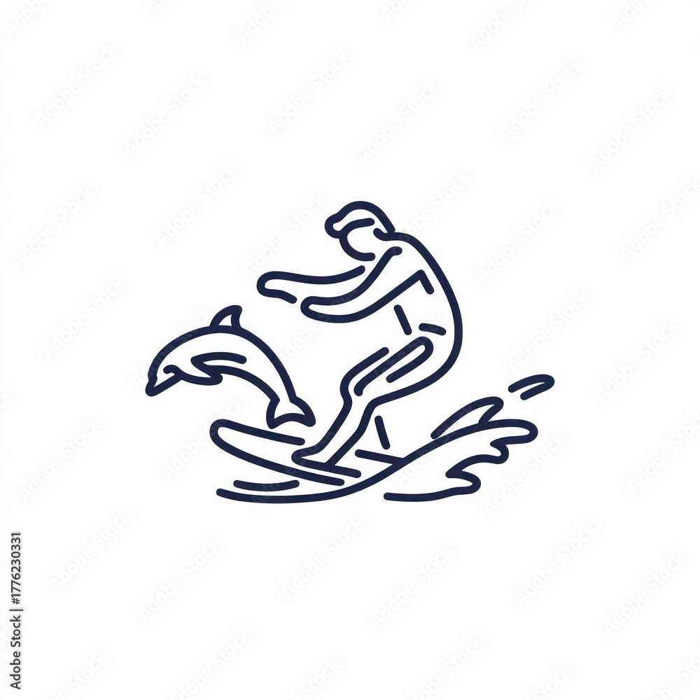 Fototapeta premium Surfer riding wave with dolphin minimalist line art on white background