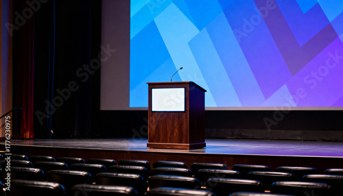 Conference stage with podium and blank screen lectern