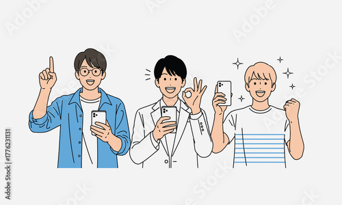 Three happy men showing smartphones with gestures of approval and success
