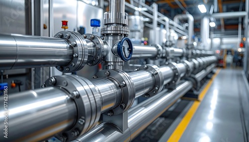 Gleaming, metallic pipes span horizontally across a blurred industrial setting with intricate junctions