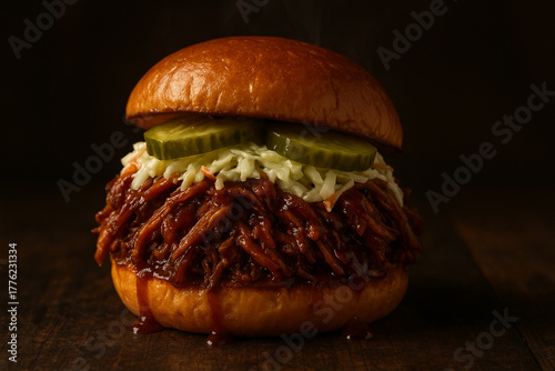 Barbecue Pulled Pork Sandwich with Coleslaw and Pickles on a Brioche Bun – Close-Up Shot on Dark Background