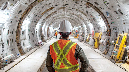 An engineer in a reflective vest, standing in the middle of a tunnel. Focused and determined, ready to handle challenges and construct the perfect tunnel.