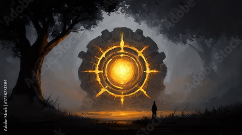 Mysterious golden portal in forest