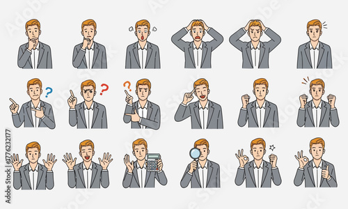 Businessman's Diverse Expressions Vector Illustrations Showcasing Various Emotions and Gestures