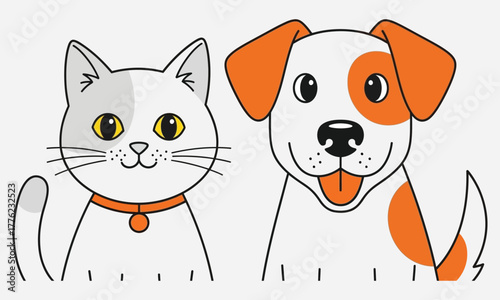 Vector illustration of a cute cat and dog friendship, charming domestic animal companions with collars isolated on a white background