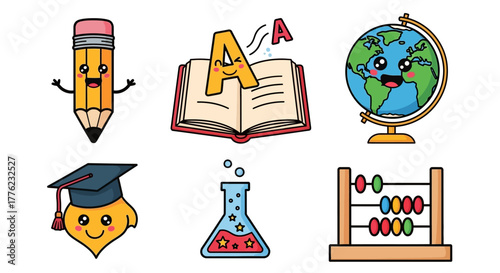 Playful Kids Education Vector Icons, smiling pencil and book for learning apps and school materials