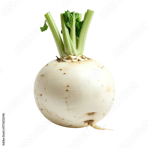 A close-up studio shot of a white root vegetable with leafy green stems, clipart, isolated on a transparent background.